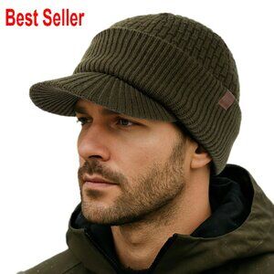 Merino Wool Fleece Lined Beanie with Brim Classic Winter Outdoor Knit Cap